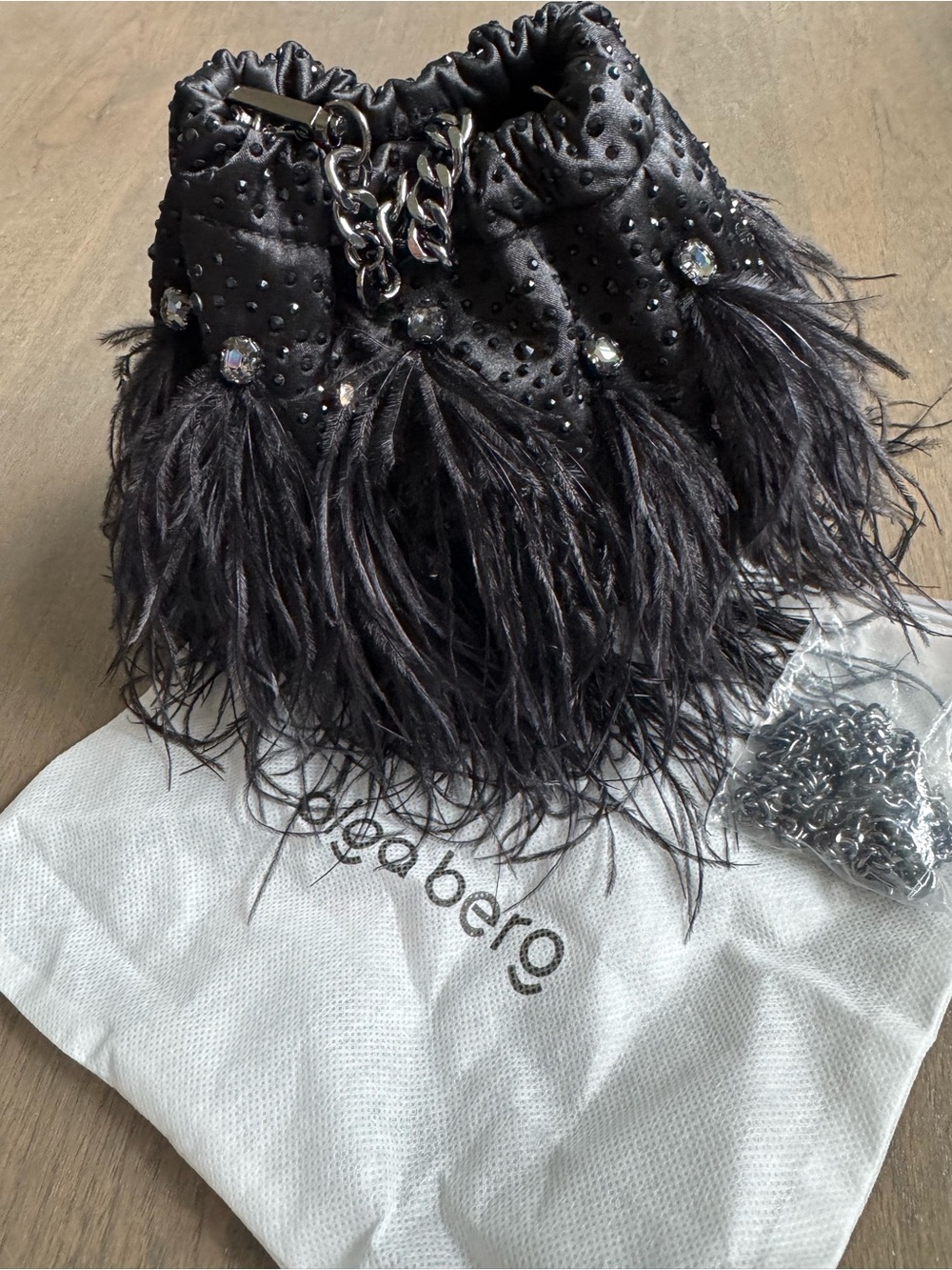 Olga Berg Black Feathered Crystal-Embellished Clutch
